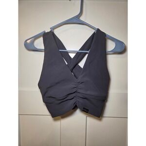 TLF Apparel Ribbed Ruched V-Neck Cross Back Sports Bra Charcoal Gray Medium